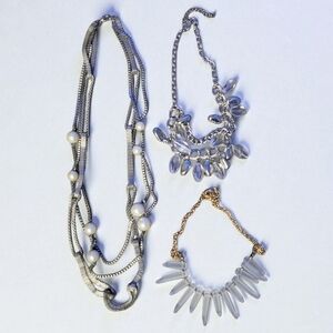 SALE Necklace Lot 3 Silver Pearl Clear Stones Chunky Evening Party Classy Bundle